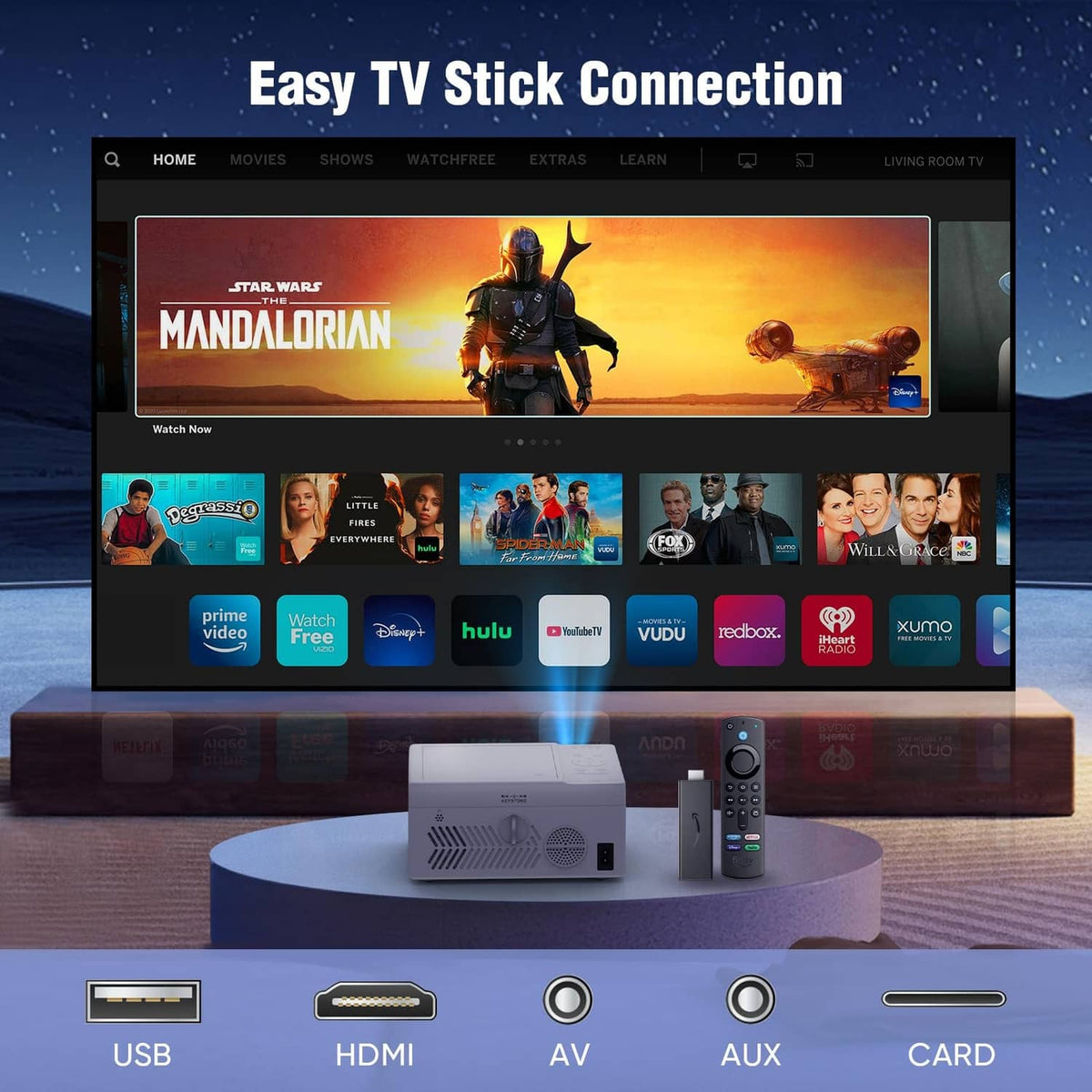 White mini projector with remote and input ports for TV stick connection