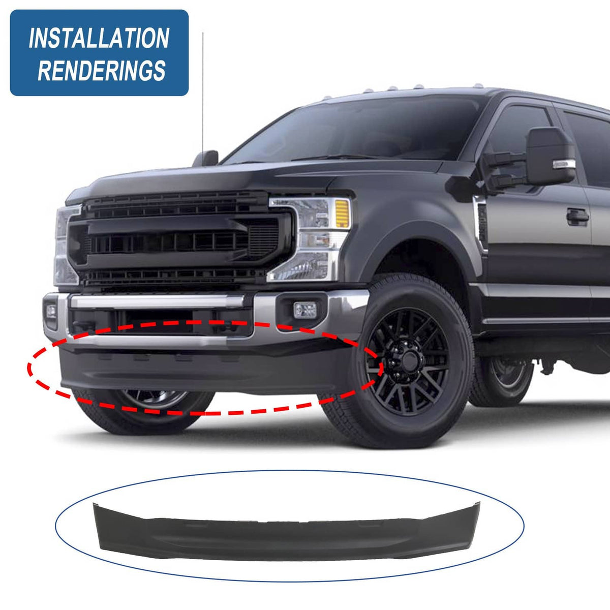 Front lower valance replacement shown at the lower bumper area, dark black panel.