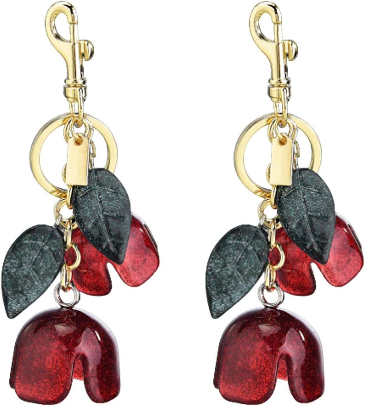 2-pack flower bag zipper pull charms with gold clasp and dark green/red petal dangles
