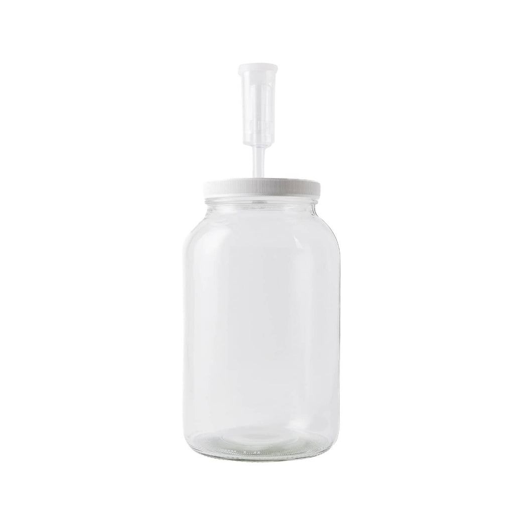 Large clear wide-mouth glass jar with airlock lid, tall cylindrical shape