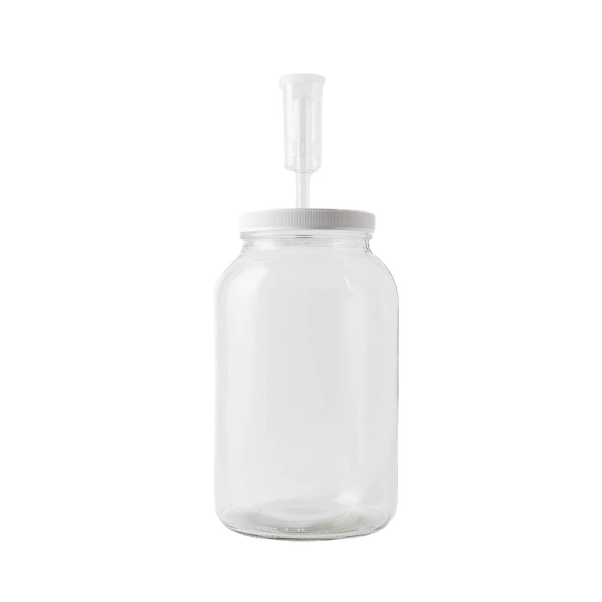 Large clear wide-mouth glass jar with airlock lid, tall cylindrical shape