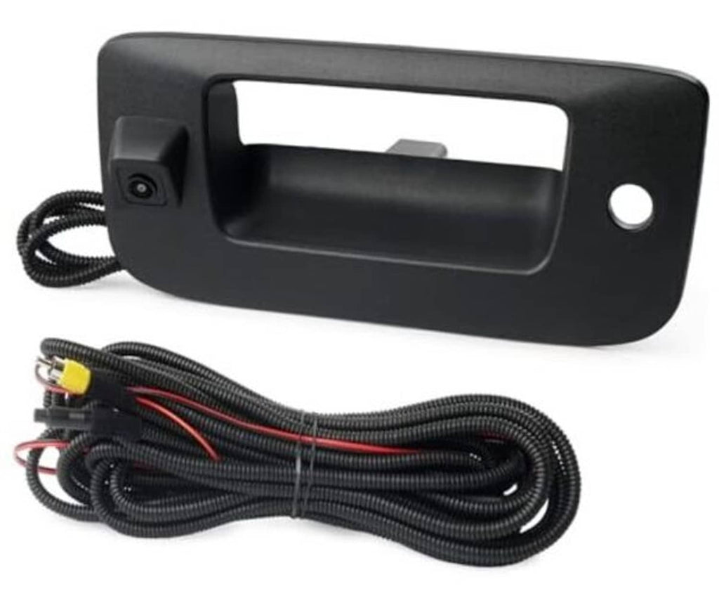 Black tailgate handle backup camera with side lens and attached wiring harness