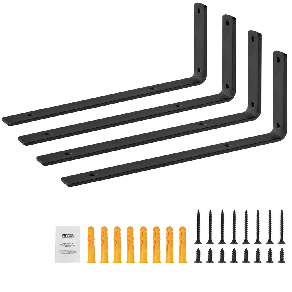 Four L-shaped black shelf brackets with screws and nails included, angled view