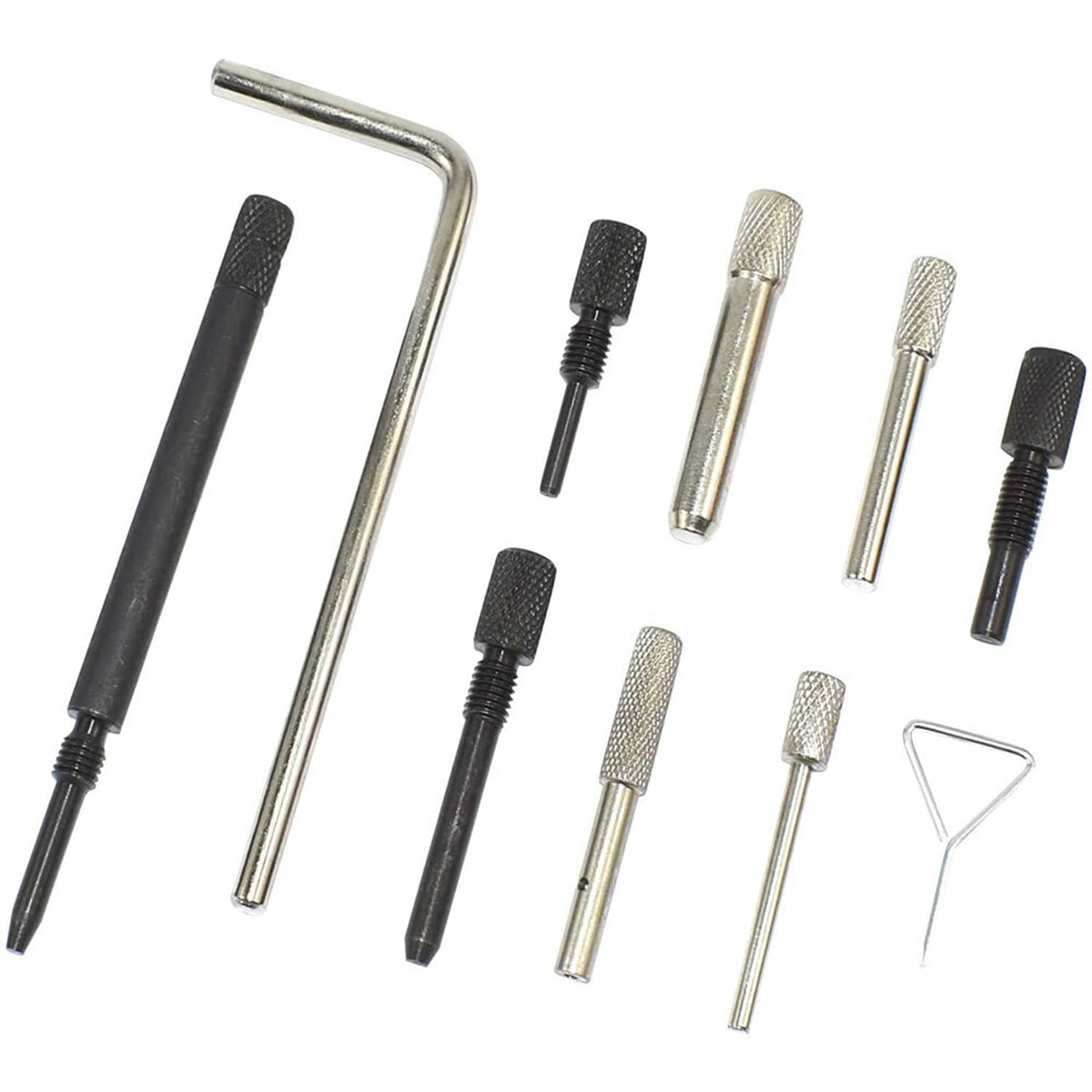 Engine timing tool kit pin and adapter set: metal rods and knurled adjusters