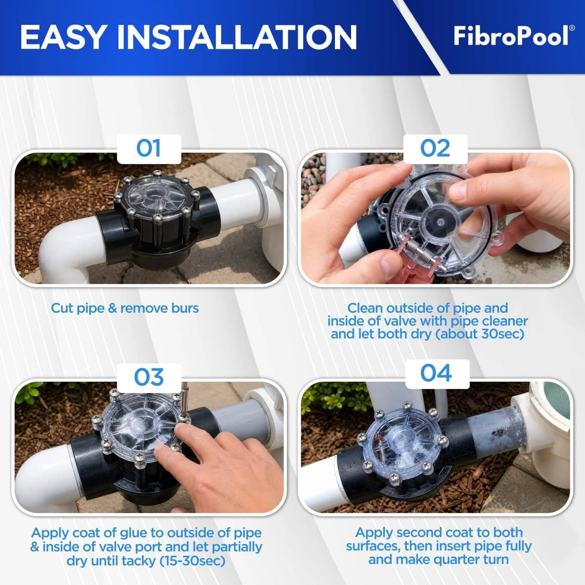 3-way diverter valve with black rotating handle and white body for pool plumbing installation
