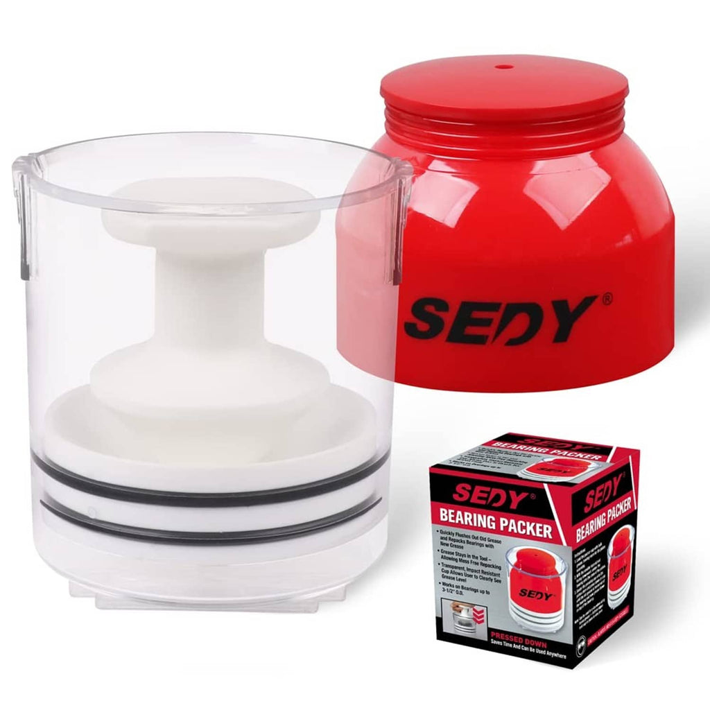 Bearing grease packer tool with clear cup, white piston, and red grease container