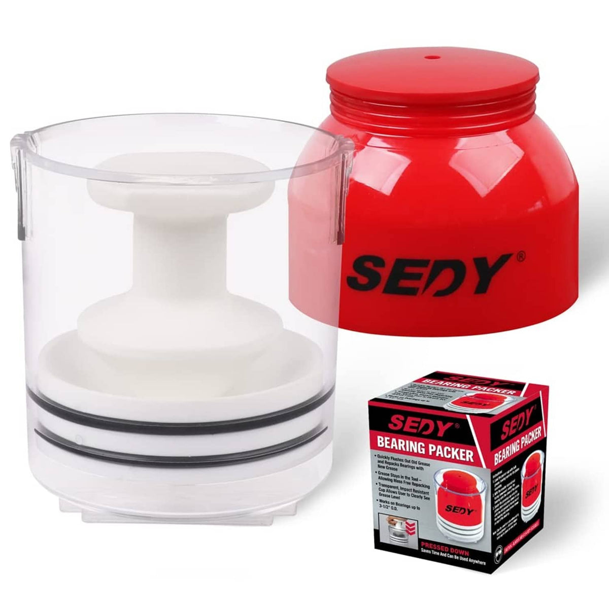 Bearing grease packer tool with clear cup, white piston, and red grease container