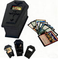 Black coffin-style MTG deck box with embossed cross emblem, top window, and card inside