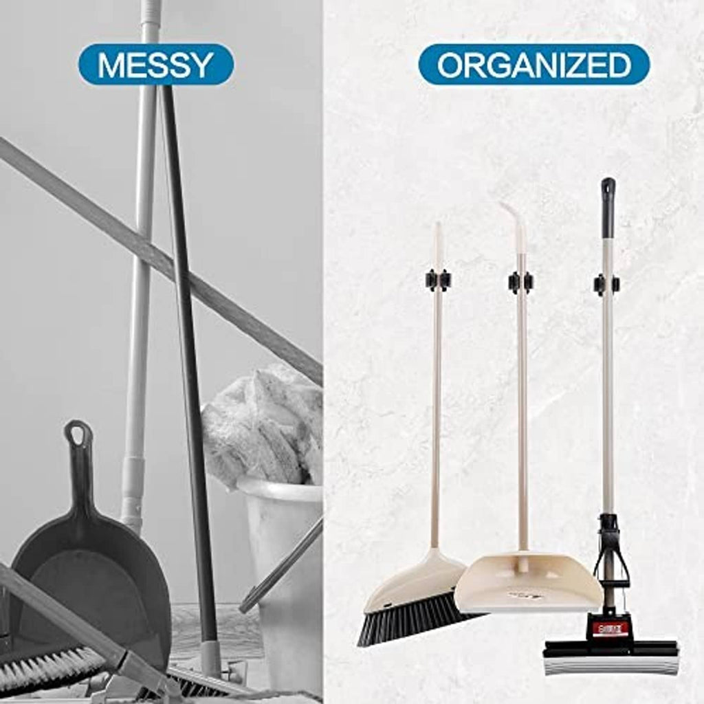 Wall-mounted broom and mop storage set with multiple holders for organized tools