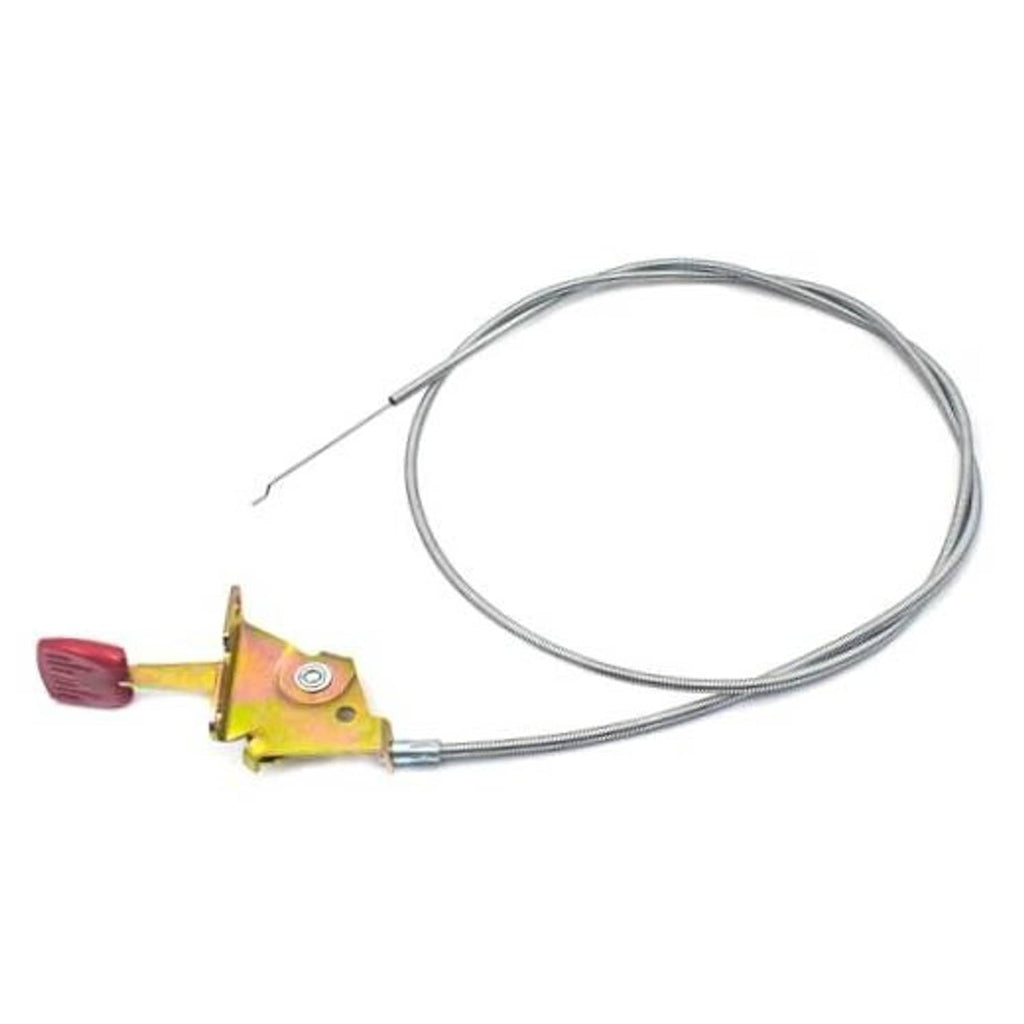 Throttle control cable assembly with yellow bracket, red handle, and silver cable