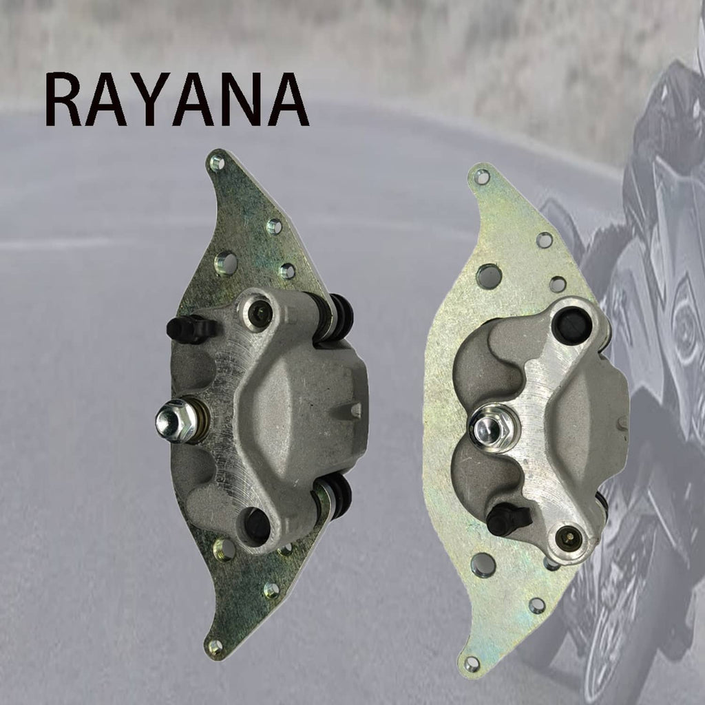 Left and right front brake caliper brackets with black caliper housings and pins