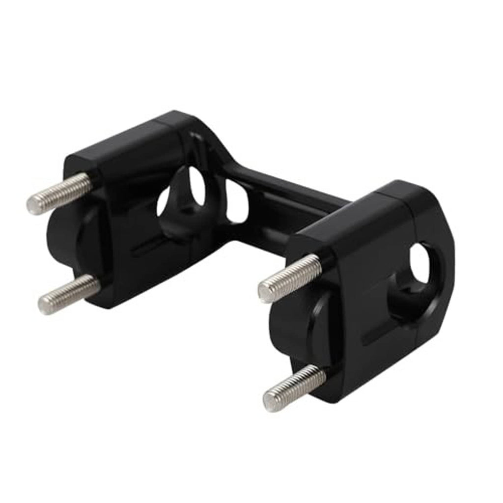 Black motorcycle handlebar riser clamp, angled view with threaded mounting studs