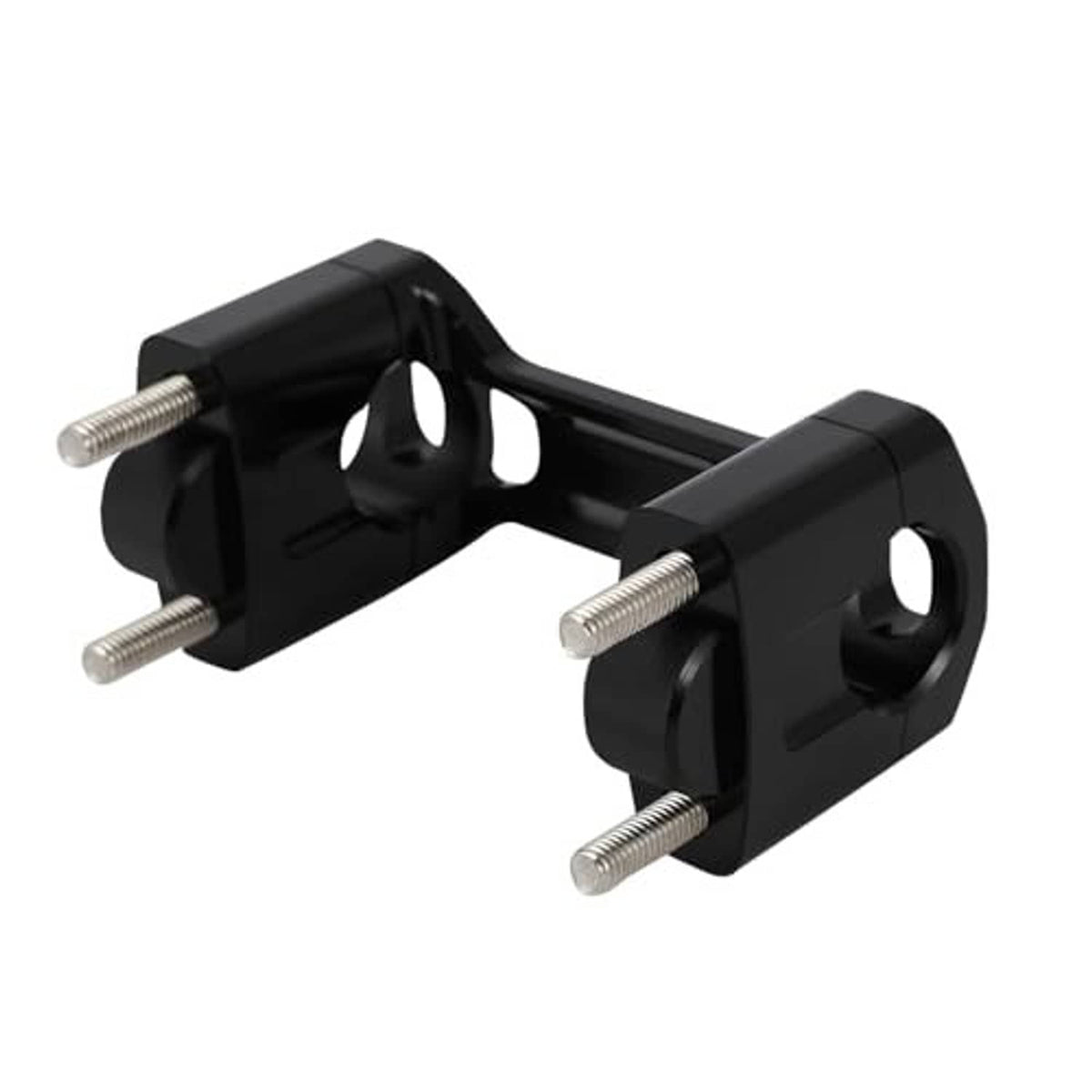Black motorcycle handlebar riser clamp, angled view with threaded mounting studs