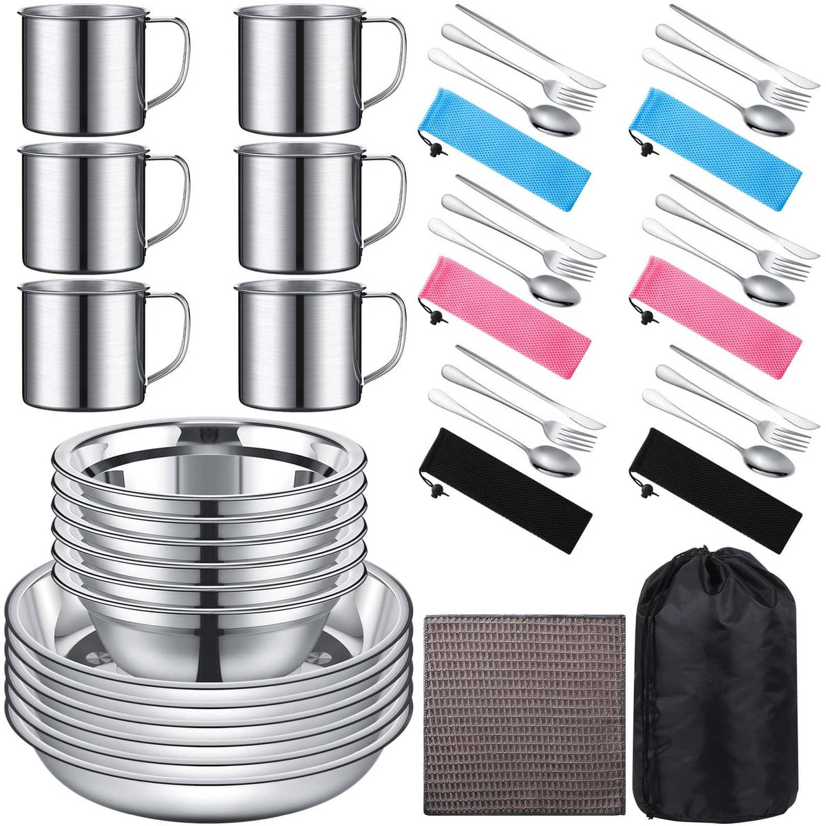 Stainless steel camping cookware set with nesting bowls, mugs, utensils, mesh mat, bag