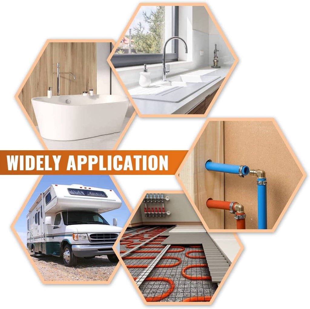 Brass PEX tee fitting featured in a multi-application plumbing system collage