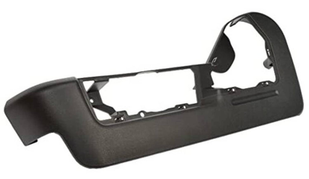 Front driver-side outer seat track cover, matte black plastic panel with cutouts