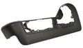 Front driver-side outer seat track cover, matte black plastic panel with cutouts