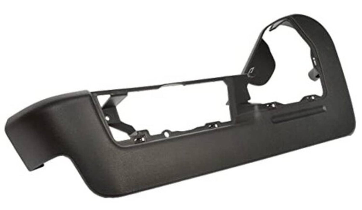 Front driver-side outer seat track cover, matte black plastic panel with cutouts