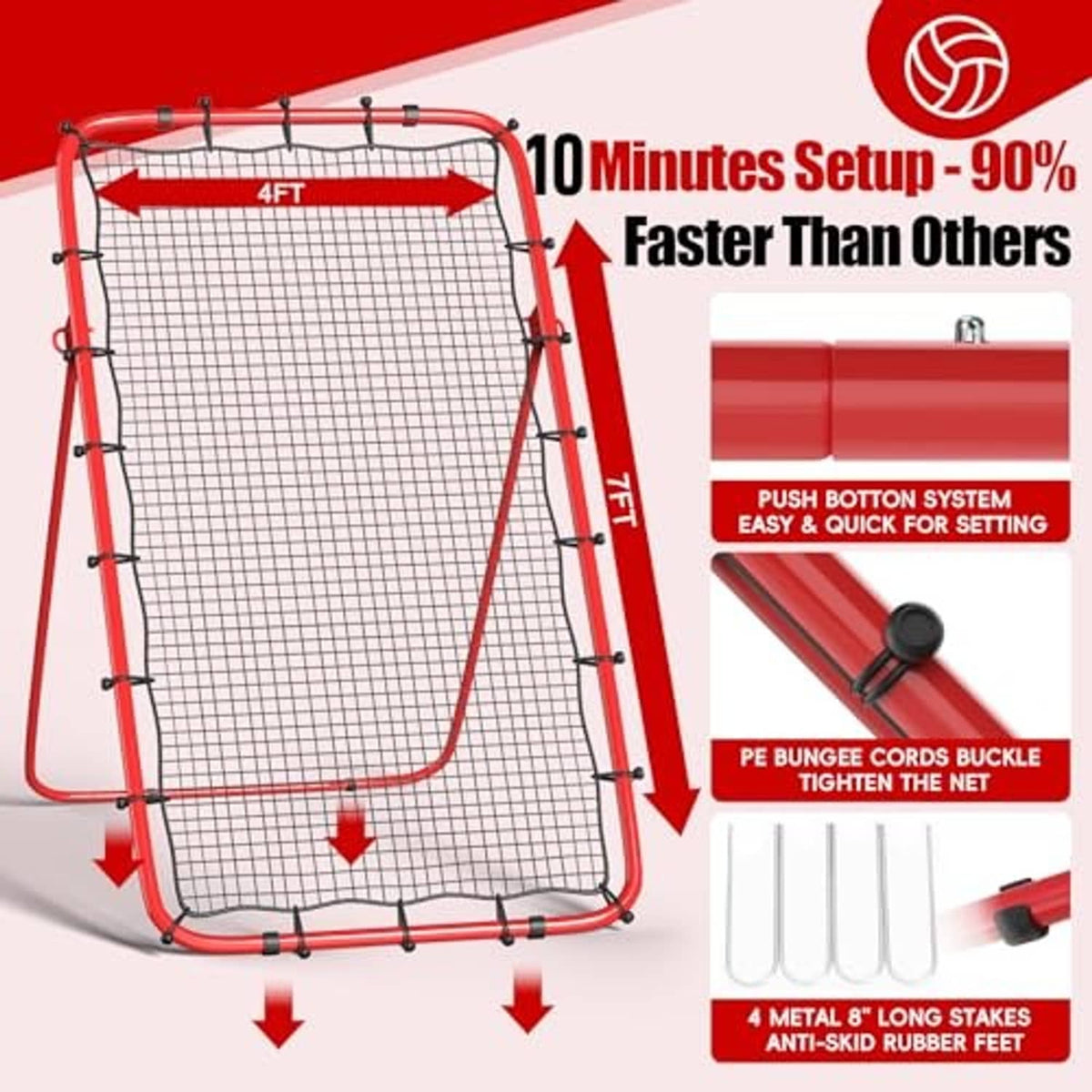 Red portable rebounder net frame with mesh, marked 4ft height on diagram