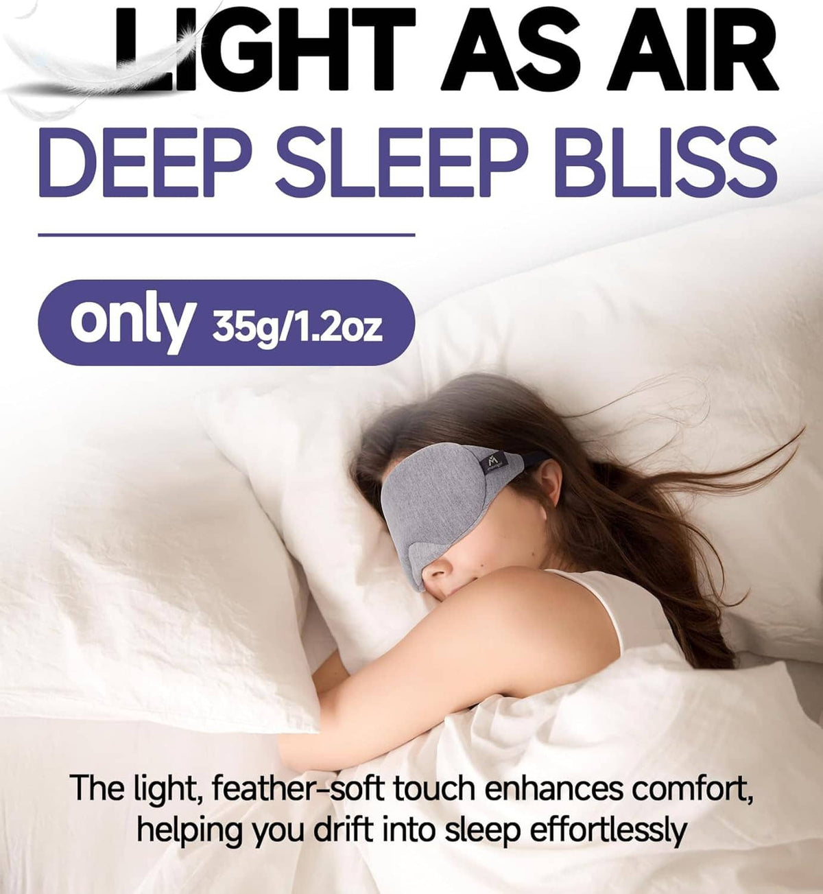 Gray sleep eye mask on resting face for light blocking comfort