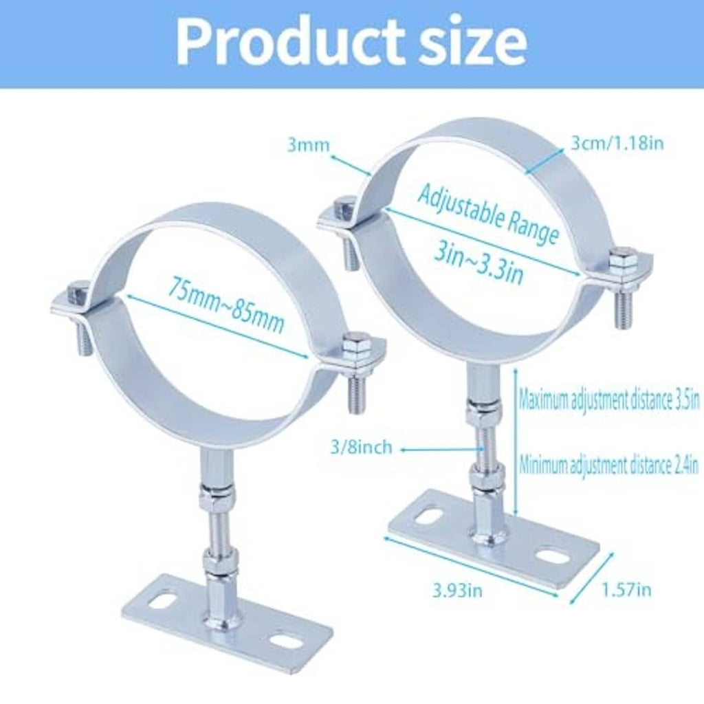 Adjustable split-ring pipe bracket set with measurement diagram for sizing