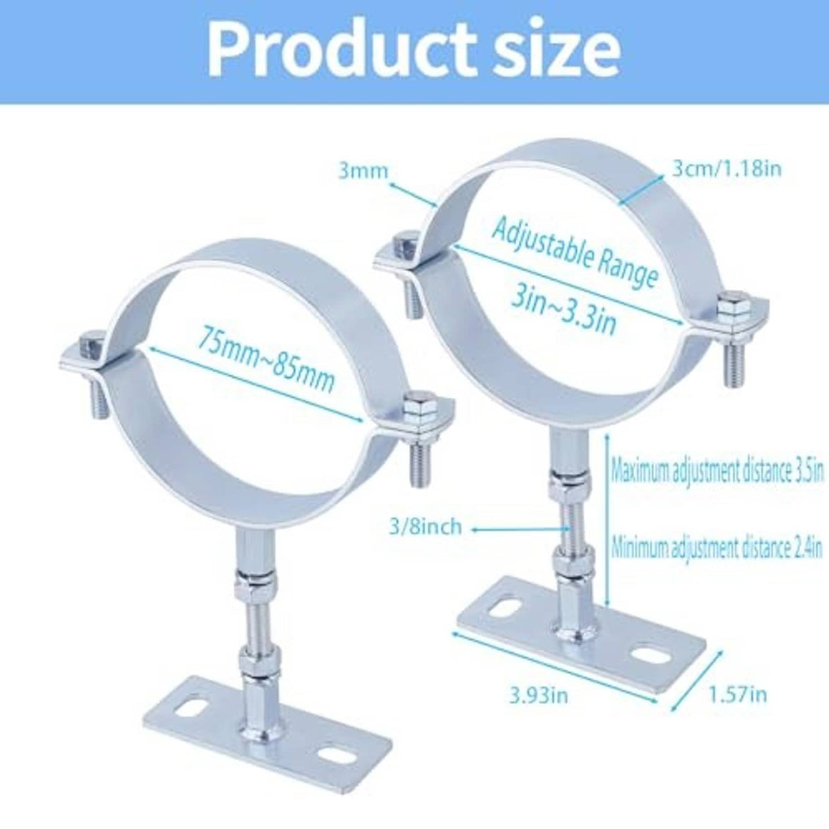 Adjustable split-ring pipe bracket set with measurement diagram for sizing