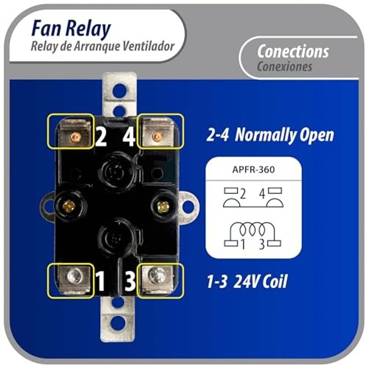 Fan relay connections diagram with normally open terminals and 24V coil wiring