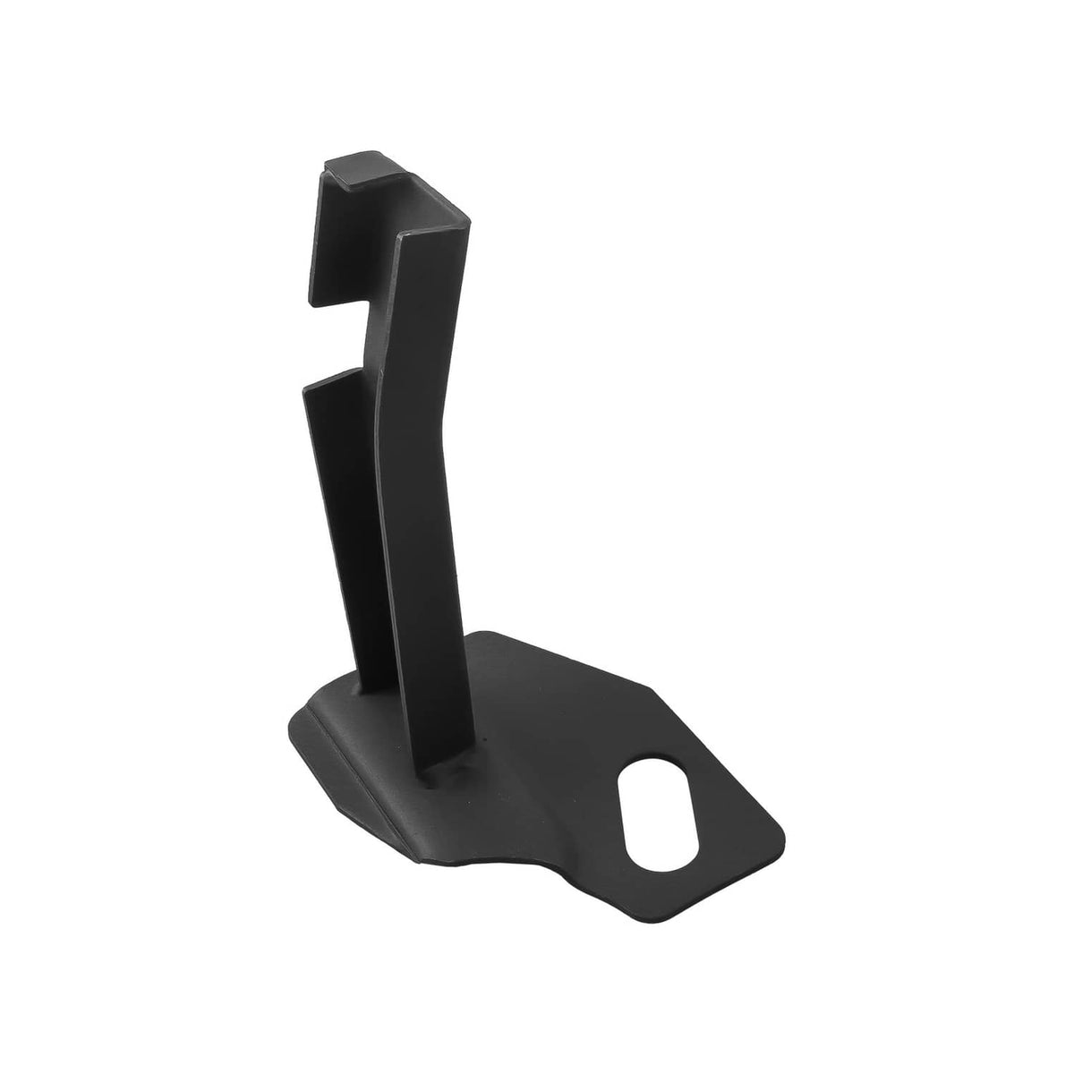 Retractable side bed step base bracket, black metal with oval mounting slot cutout