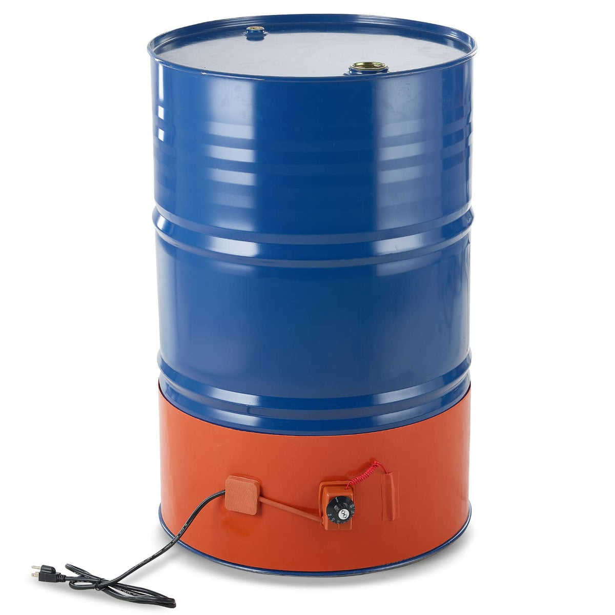 55-gallon drum heater blanket with blue heater drum and orange control module