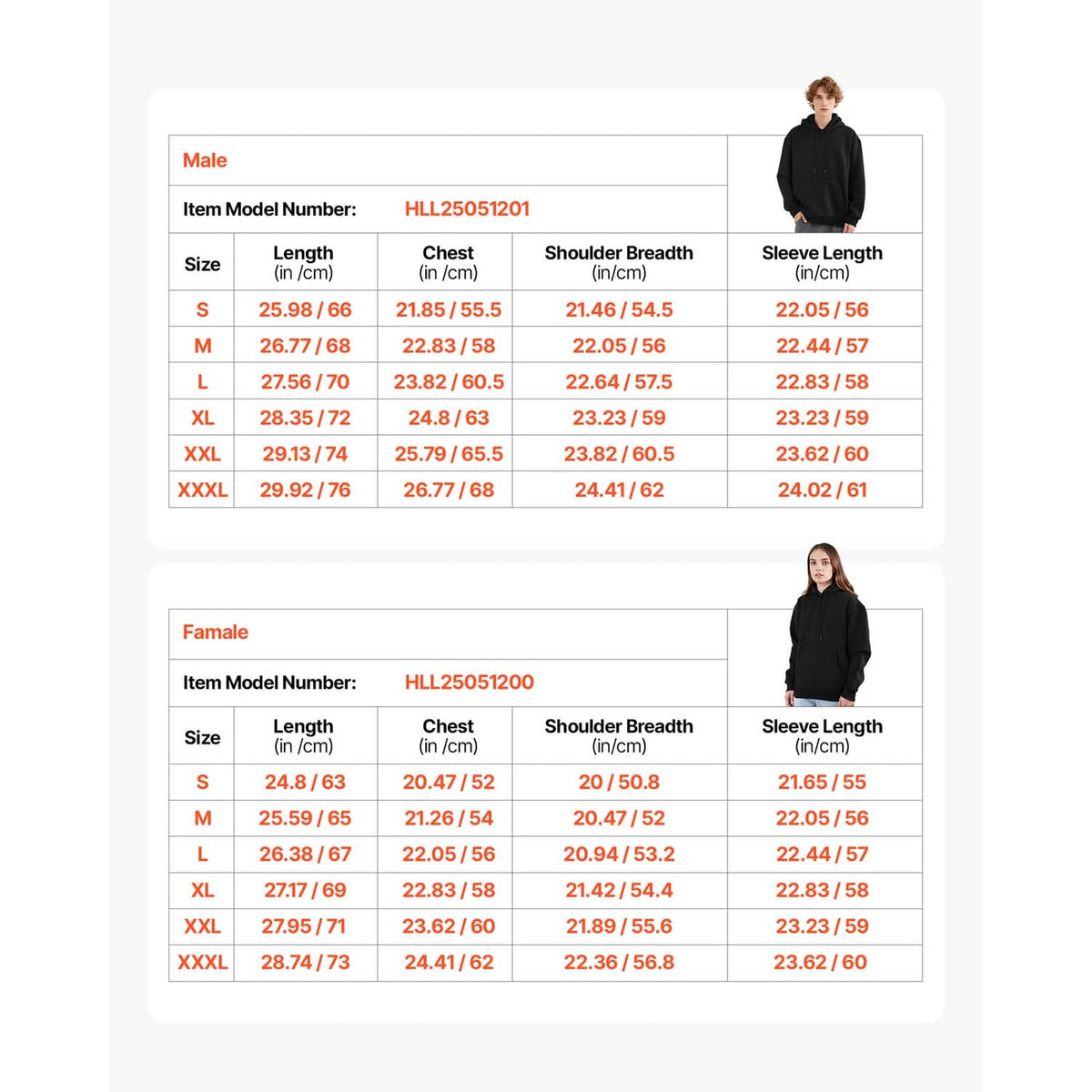 Women's black hoodie size chart with male and female measurement table