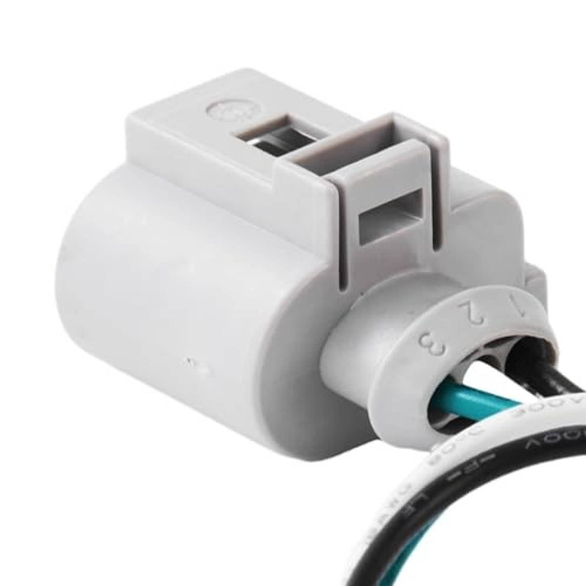3-pin position sensor connector, circular plug end, gray body and teal wire