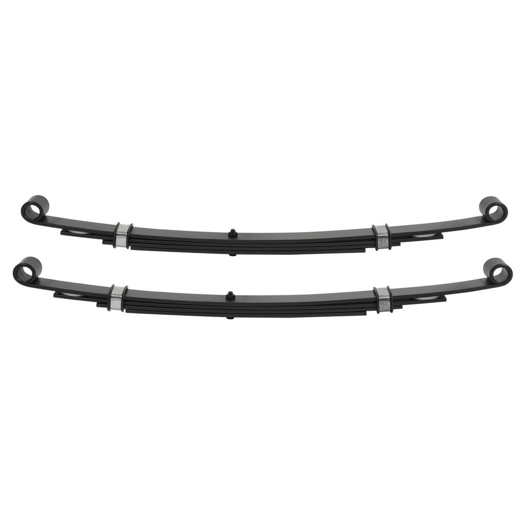 Pair of black rear leaf springs with curved design and end eye-bolt mounts