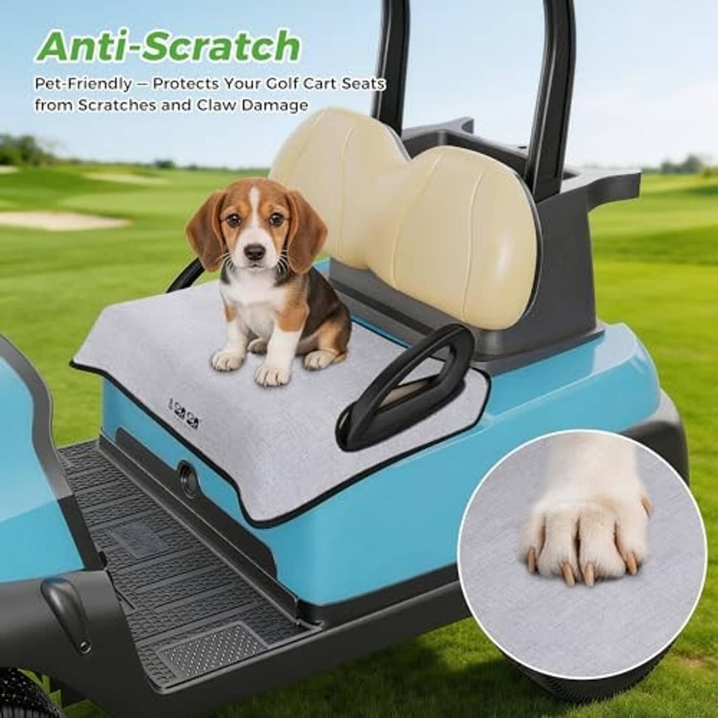 Light tan golf cart seat cover with black handle cutout and protective fabric