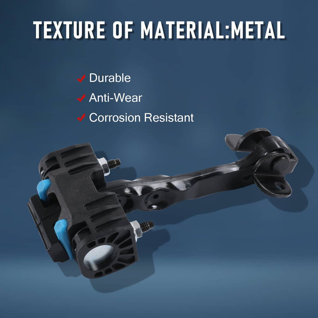 Front door check strap with black metal linkage and blue insert, durable bracket housing