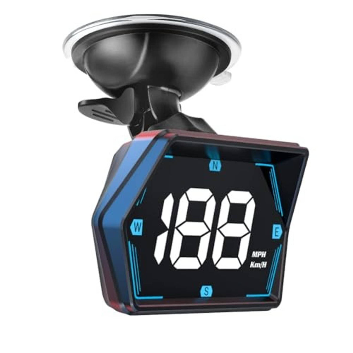 HUD GPS speedometer with 108 MPH digits and blue side accents