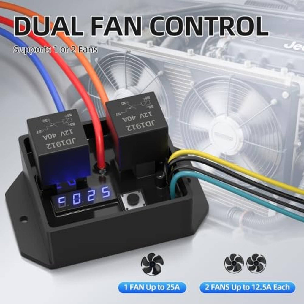 Dual fan control module with illuminated LED temperature readout and wiring terminals