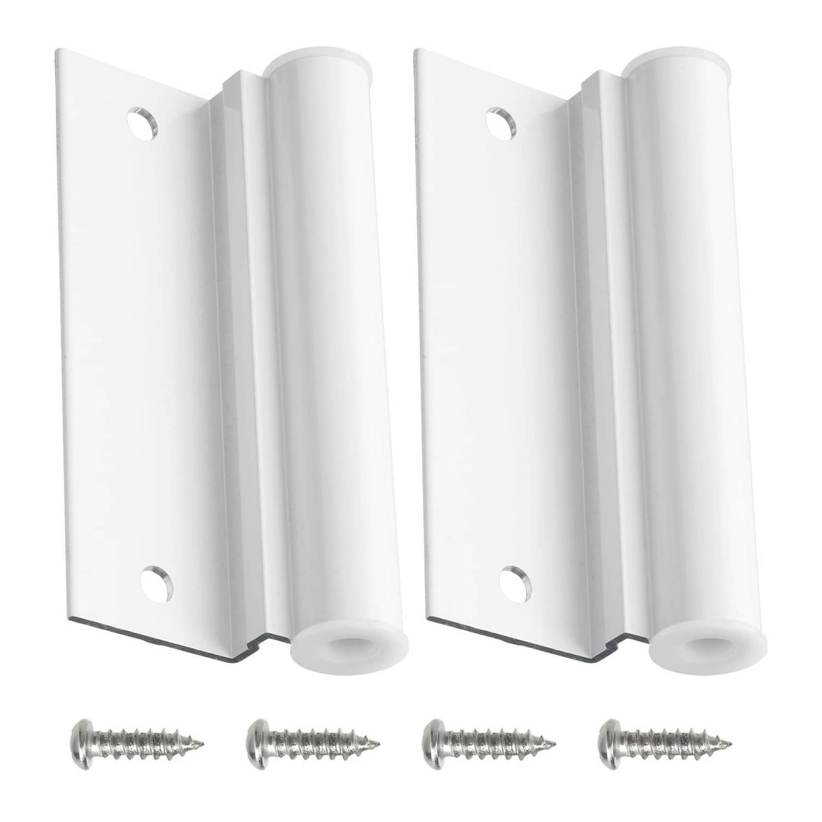 White screen door hinge leaf set with two metal leaf plates and mounting screws