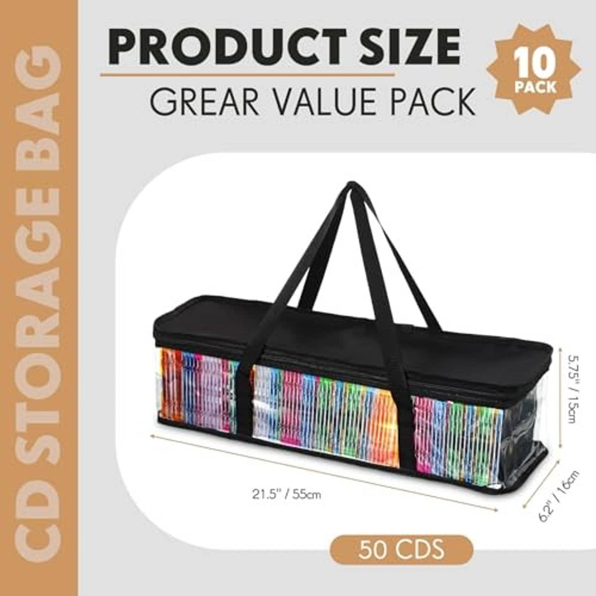 Black CD storage bag with clear PVC panels and rainbow-striped sides, long carrying strap