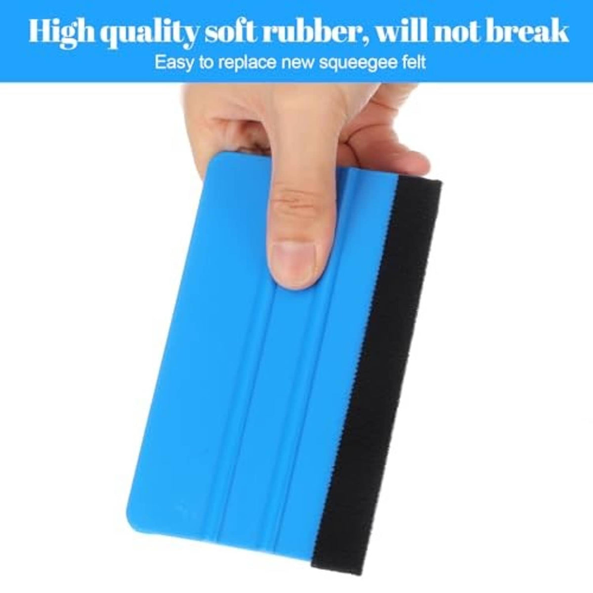 Handheld blue vinyl squeegee with black velvet edge and soft rubber body