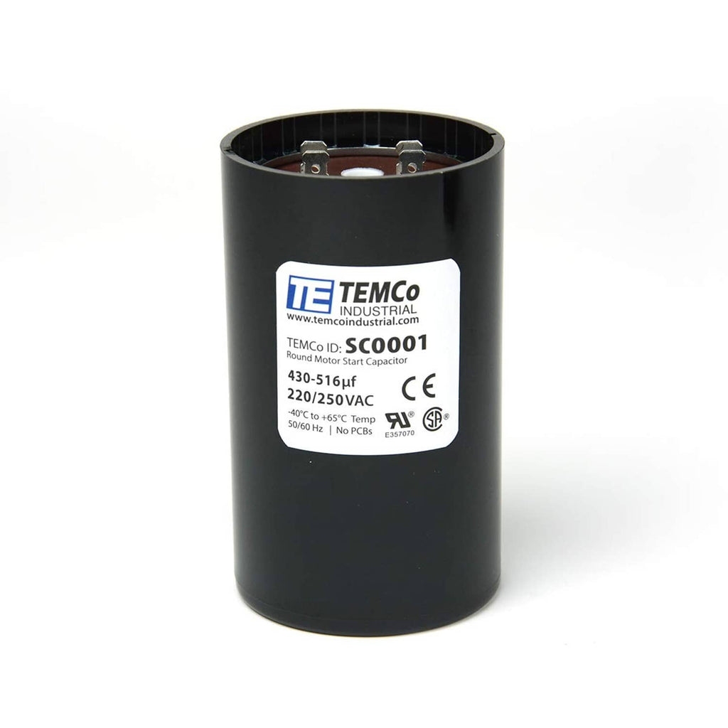 Black cylindrical start capacitor with TEMCo label and exposed top terminals
