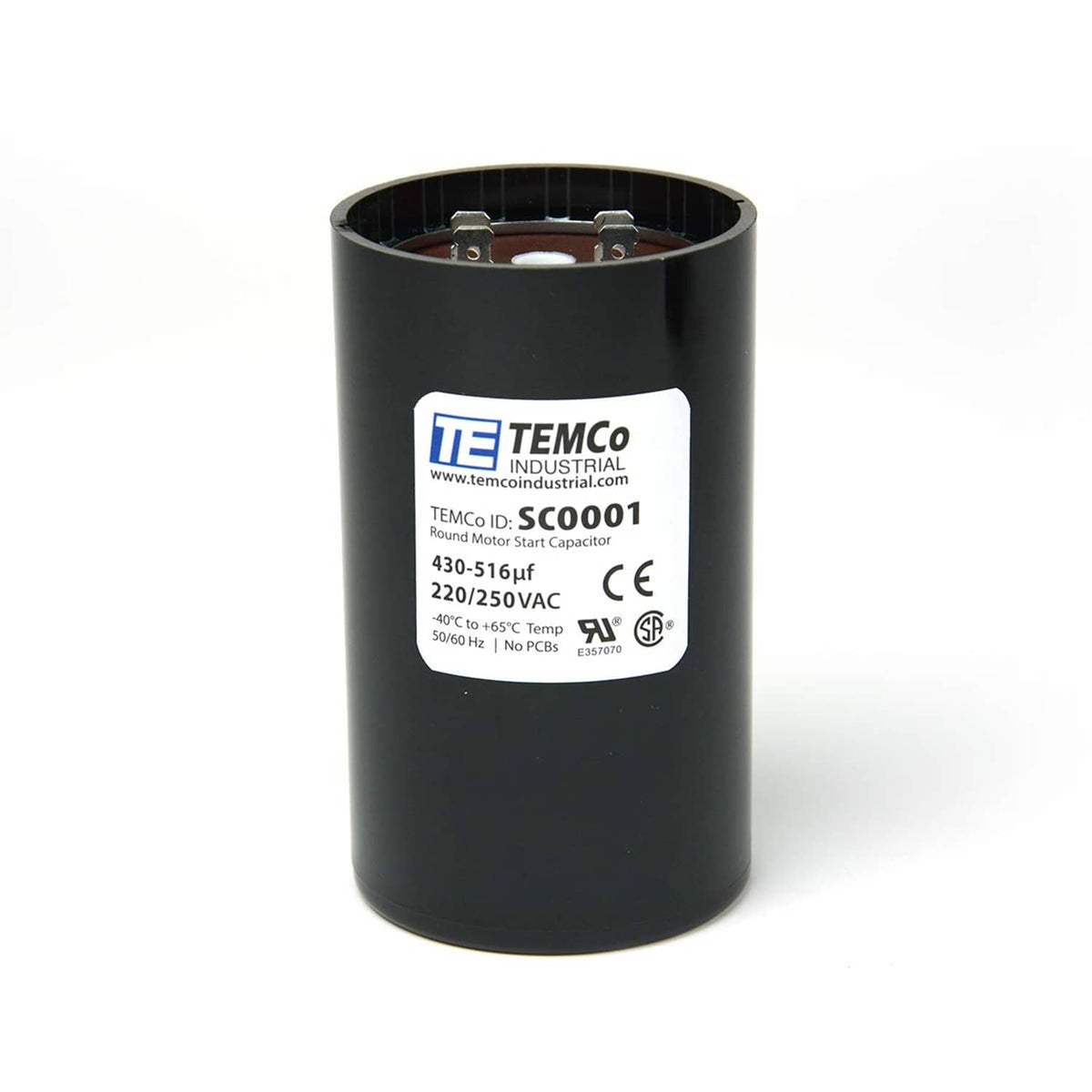 Black cylindrical start capacitor with TEMCo label and exposed top terminals