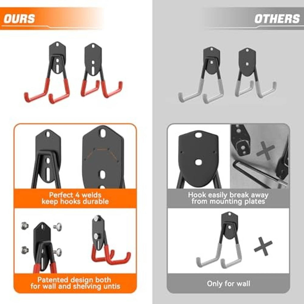 Garage storage hook comparison: black plates with red-orange double hooks