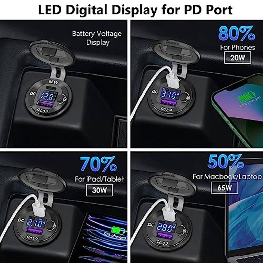 Black USB power outlet with LED digital display for PD charging and QC3.0 voltage readout