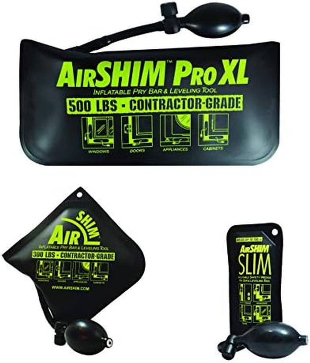 Three-piece inflatable leveling shim kit with black pouches and bulb pumps