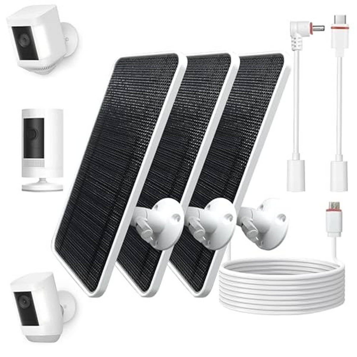 Solar panel kit with three foldable black panels, four white adapters, and coiled cable.
