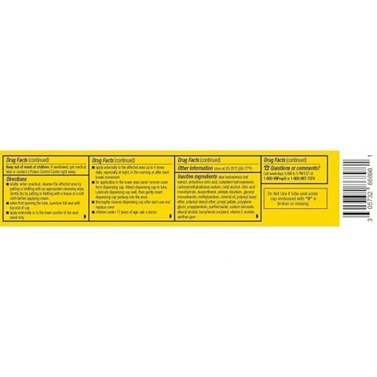 Back label drug facts panel for hemorrhoidal cream with directions and warnings