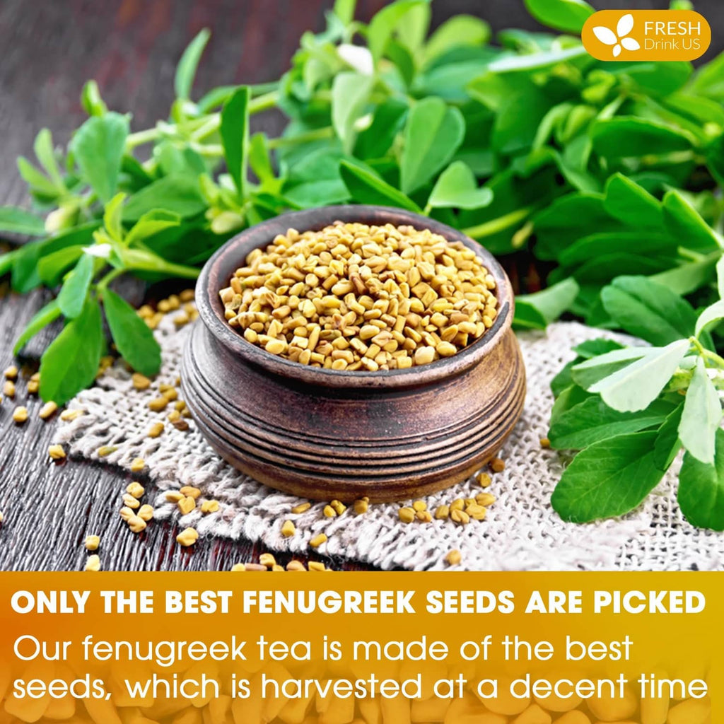 Close-up of fenugreek seeds in a bowl beside fresh green leaves