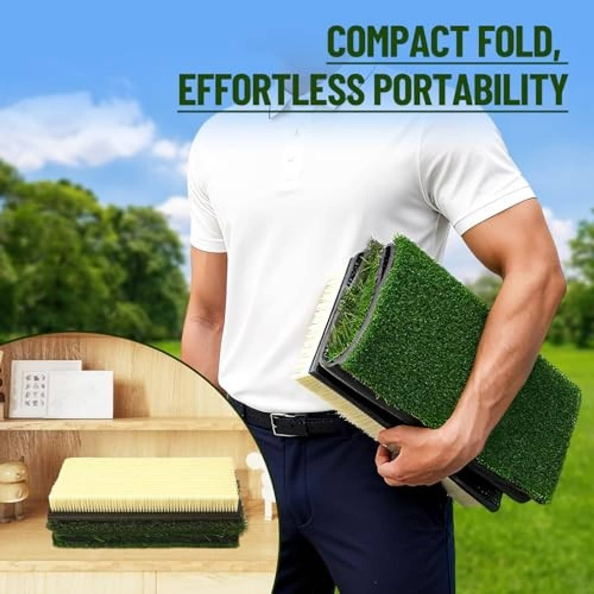 Golf hitting mat being held compactly for portability, with green turf facing up