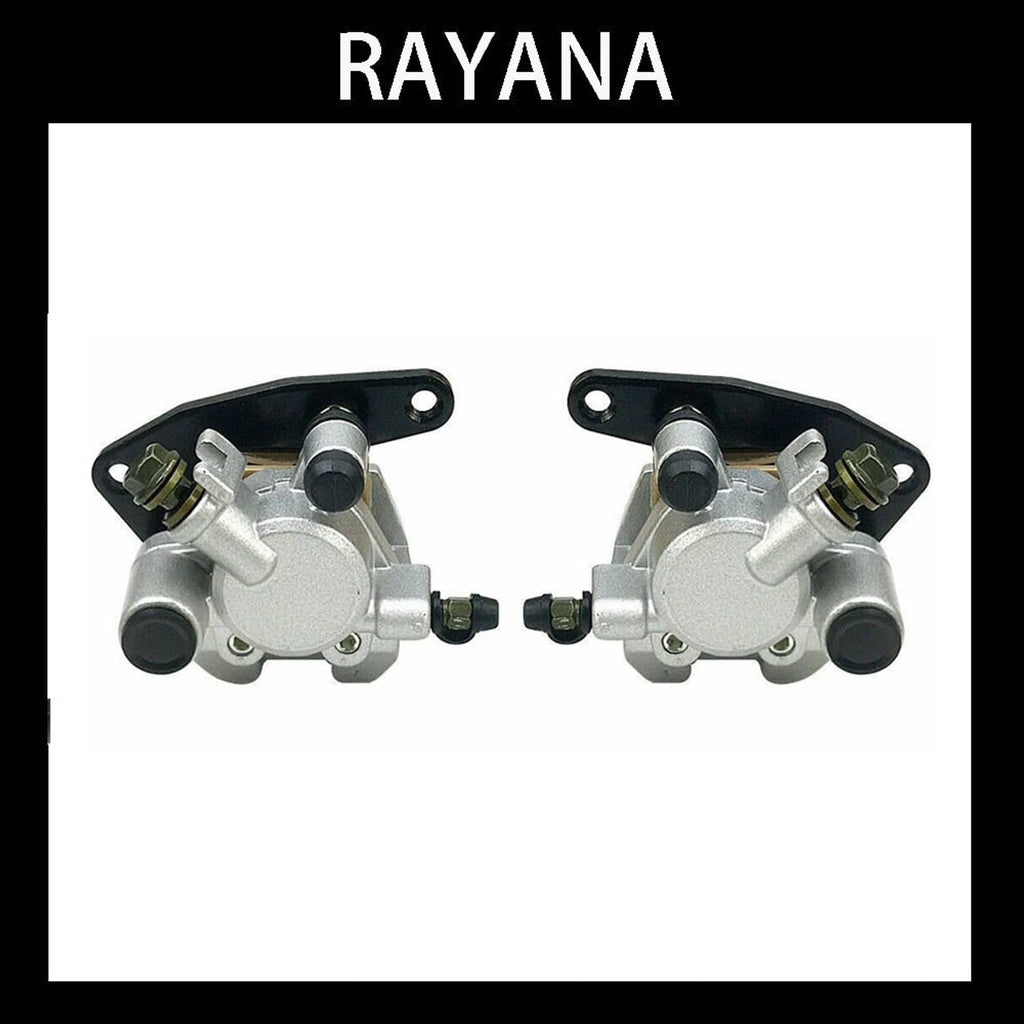 Front brake caliper set, silver metal with black rubber boots and mounting bracket