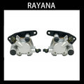 Front brake caliper set, silver metal with black rubber boots and mounting bracket